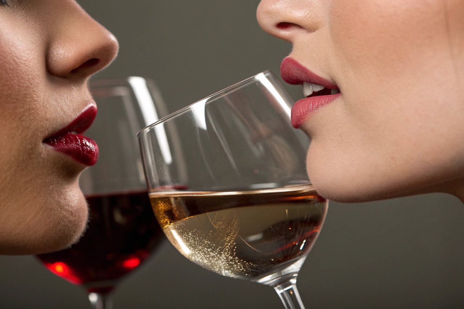 Close-up side view of two people with red lipstick sipping white and red wine from thin-rimmed wine glasses