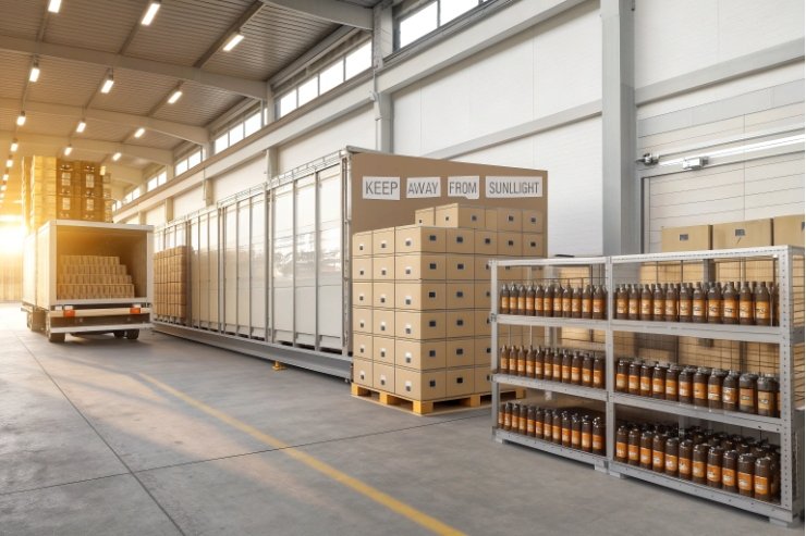 Warehouse with bottled drinks pallets and boxes labeled keep away from sunlight