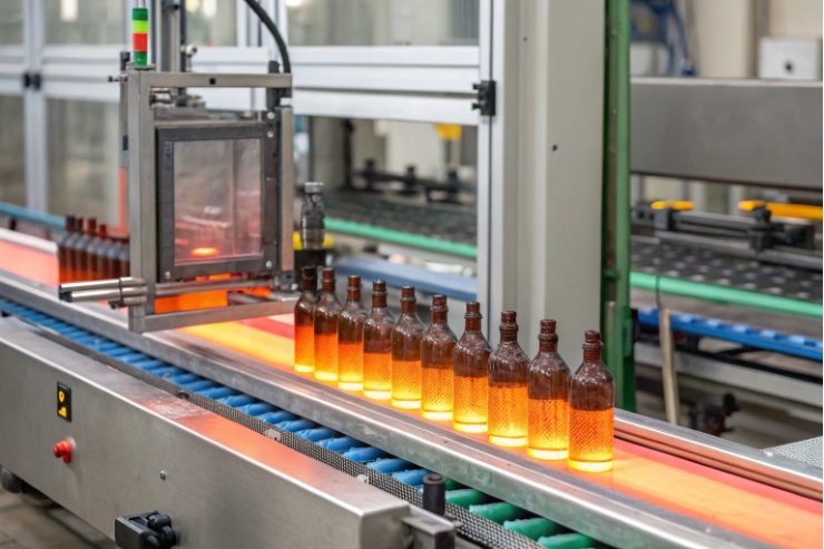 Row of hot amber spirits bottles on automated inspection conveyor with backlight