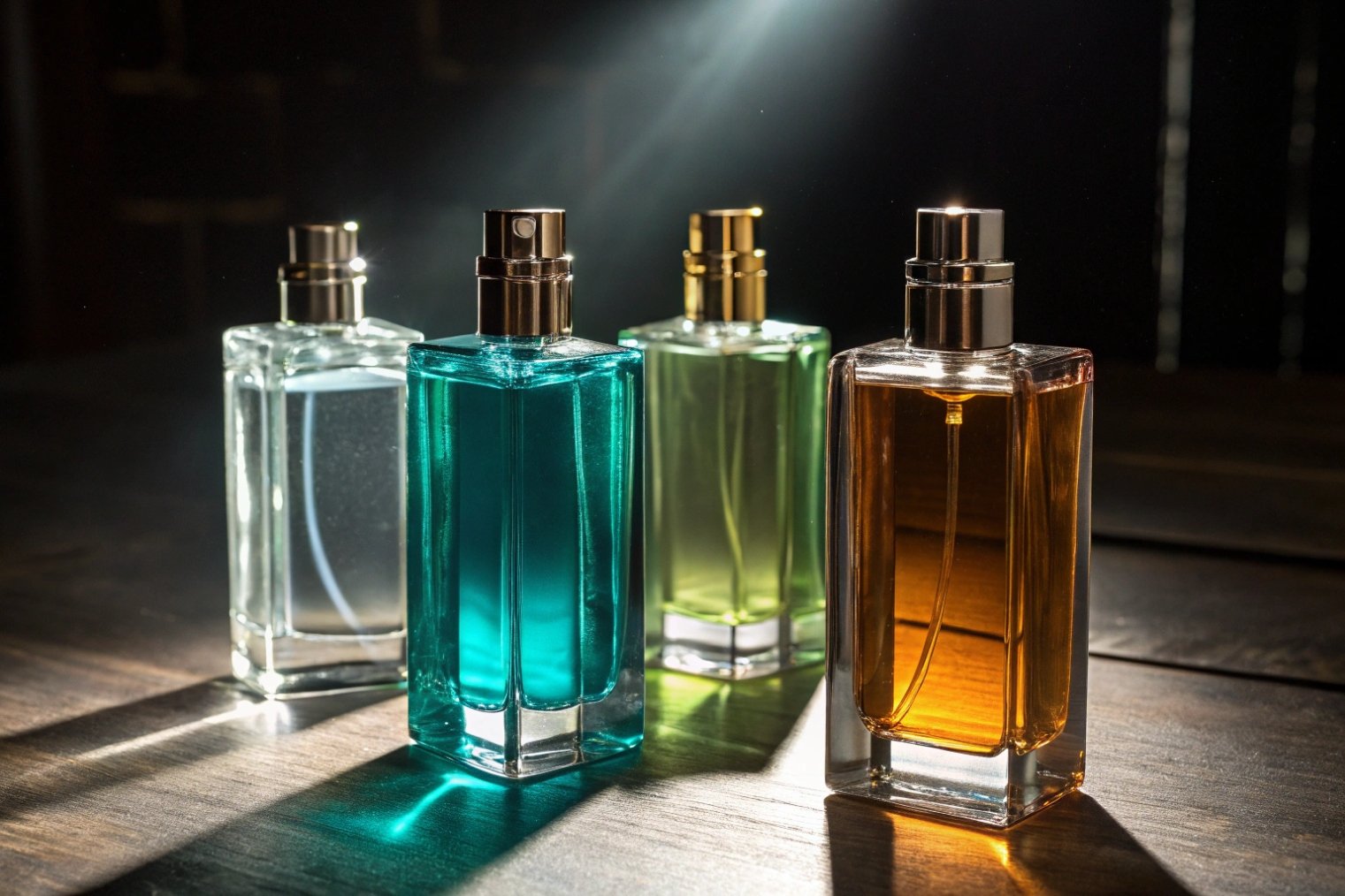 Four square perfume bottles filled with clear, teal, green and amber liquids, dramatically side-lit on a dark wooden surface