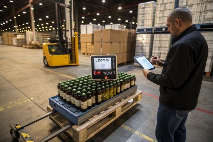 Logistics worker inspecting pallet of glass bottles for shipping weight in warehouse