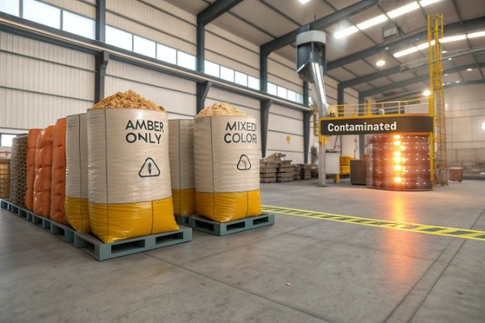 Cullet sorting warehouse with amber-only, mixed-color, and contaminated glass stockpiles