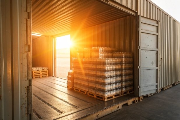 Pallets of bottled products loaded in shipping container with sunlight for export logistics