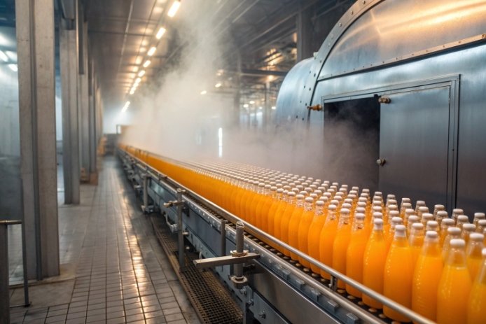 Orange beverage bottles on conveyor passing through steam pasteurization tunnel