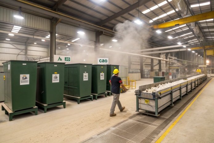 Batch house/cullet handling area: worker in PPE near large bins and a conveyor of white material, with visible dust—representing raw material control and batching discipline.