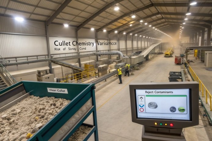 Cullet sorting/processing hall: large bin marked “Clean Cullet,” conveyors and operators in PPE, and a control screen indicating “Reject Contaminants” for cullet chemistry/contamination control.