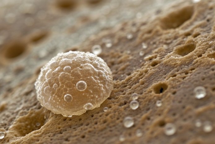 Close-up blister bubble defect on porous surface with moisture droplets indicating contamination