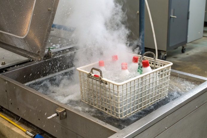 Bottles in basket submerged in hot water bath with steam for washing or heat testing