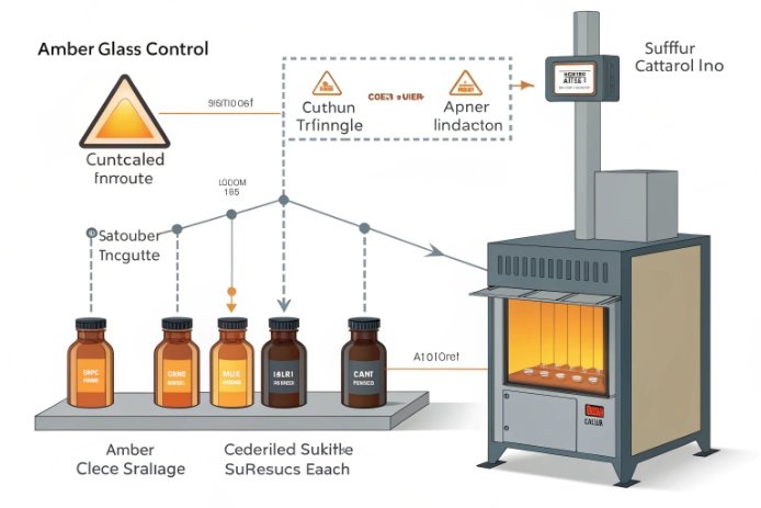 Amber glass color control infographic showing refining furnace, sulfur control, and bottle shade targets
