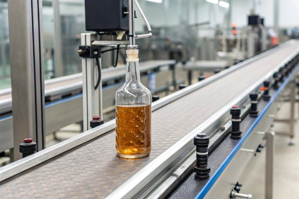 Glass bottle filled with liquid moving on production line
