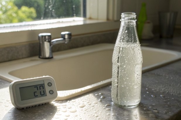 Cold glass water bottle with droplets beside thermometer on wet kitchen countertop