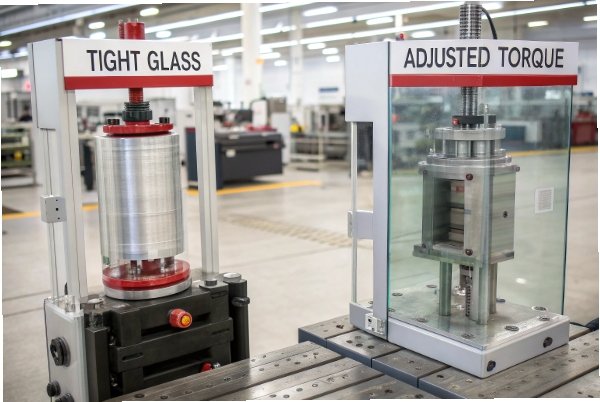 Torque test machines for glass bottles showing tight glass and adjusted torque
