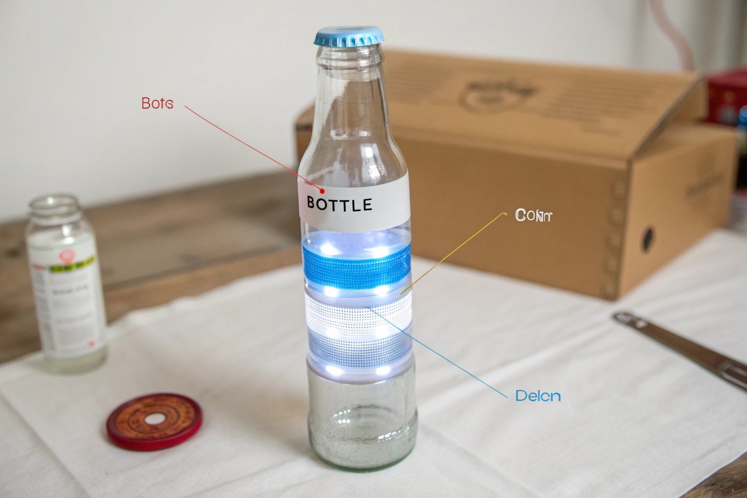 Prototype clear glass bottle wrapped with illuminated bands illustrating light-exposure zones