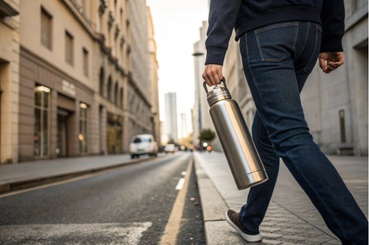 Person walking with stainless steel thermos on the street in an urban environment