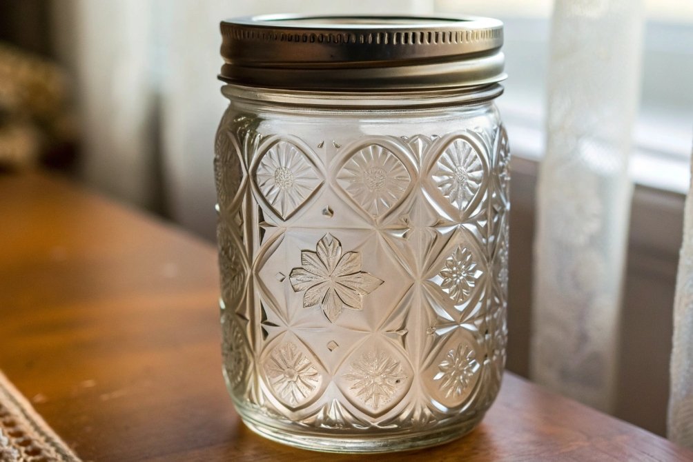 Glass jar with intricate floral design on a wooden surface