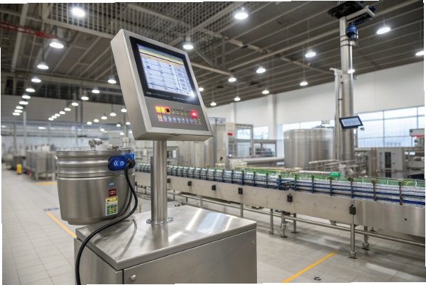 Beverage bottling line with HMI control station in modern factory