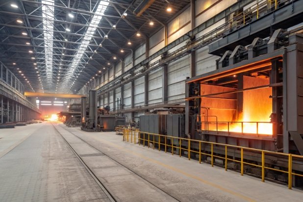 Large glass manufacturing furnace hall with glowing heat zone inside industrial plant