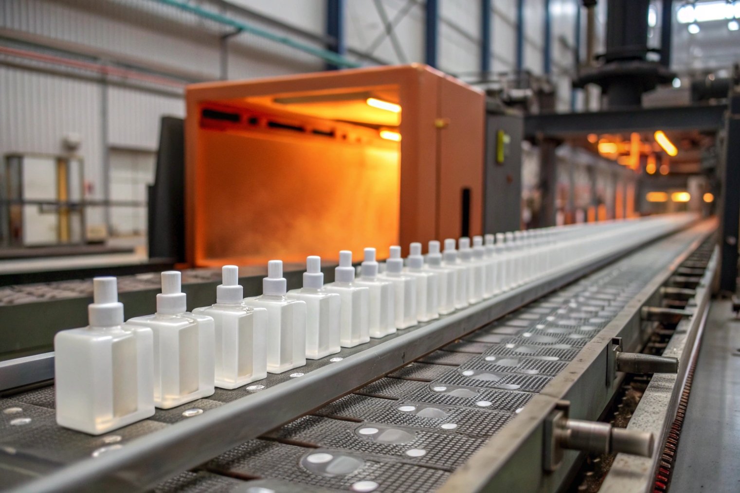 Long production line of identical frosted perfume bottles running into an orange curing tunnel