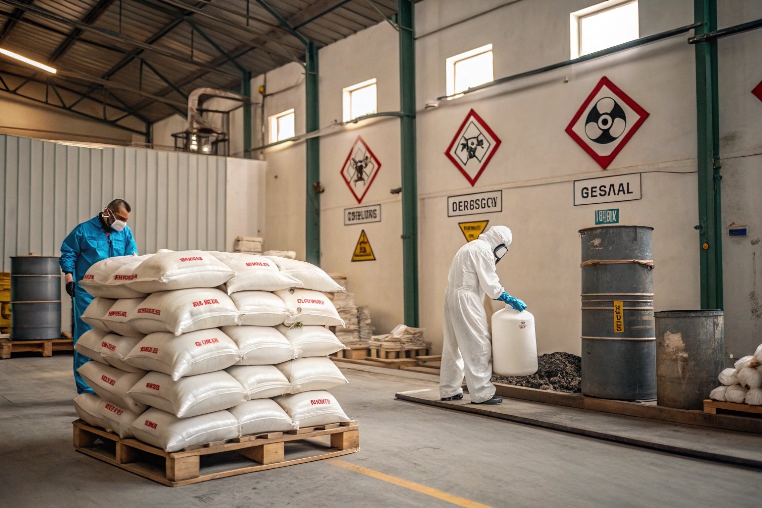 Workers in protective suits handling industrial borax chemicals inside factory with hazard warning signs