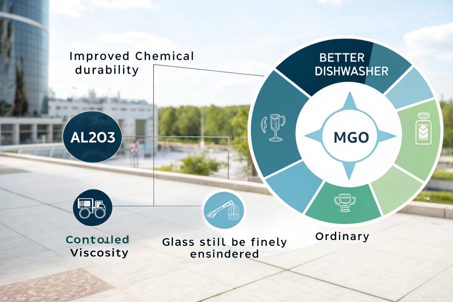 Infographic wheel showing MGO and AL2O3 improving glass chemical durability