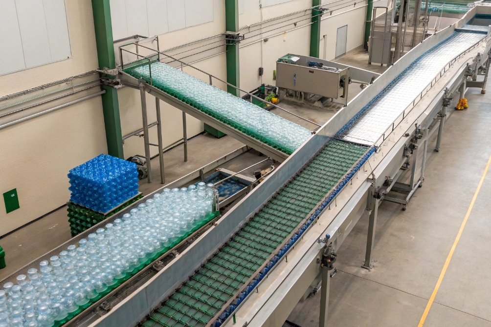 Aerial view of PET bottled water multipacks moving on automated conveyor system