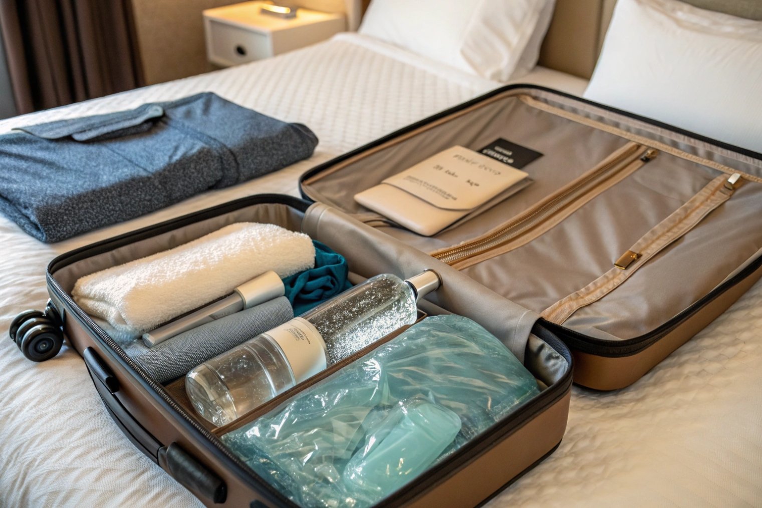 suitcase packed with travel cosmetics and reusable glass spray bottle on hotel bed