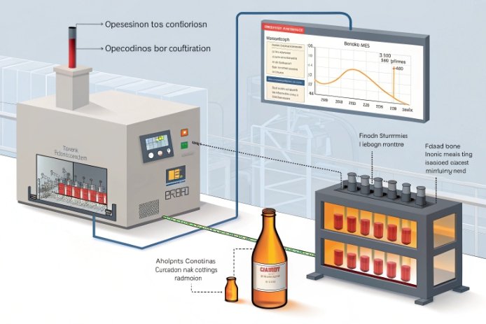 Diagram of annealing and fining equipment with monitoring screen and sample rack