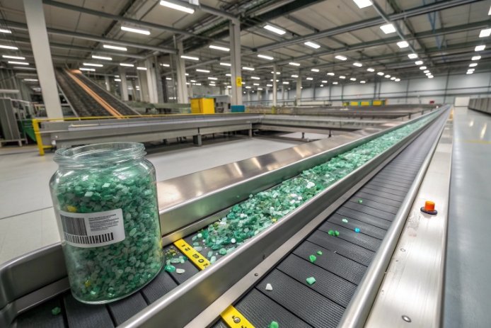 Green cullet recycling conveyor with sample jar in modern glass sorting facility.