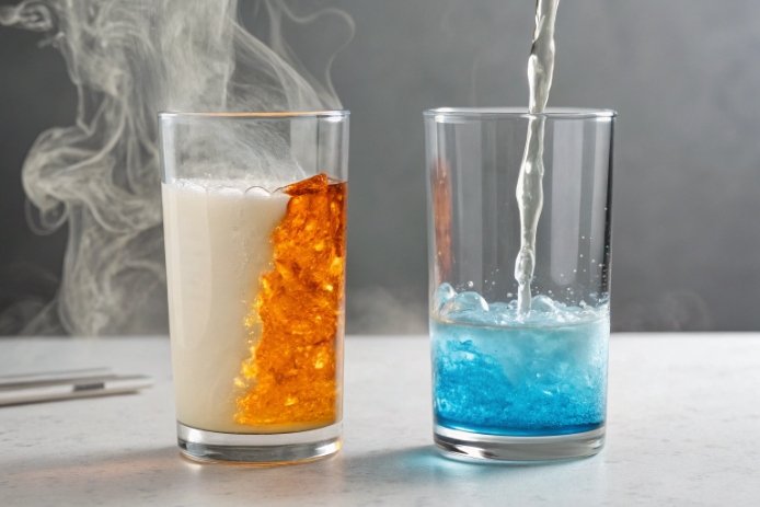 Chemical reaction in two glass beakers showing orange melt and blue crystals