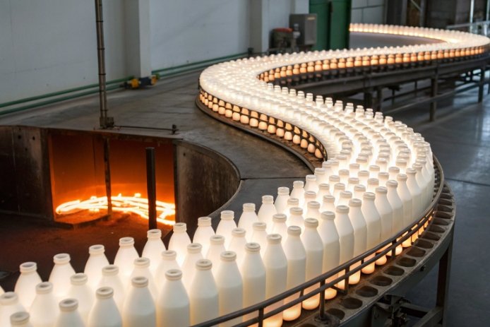 Hot glass bottles moving through annealing lehr conveyor with glowing heat zone in factory