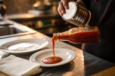 Chef pouring red sauce from glass bottle onto plate in commercial kitchen
