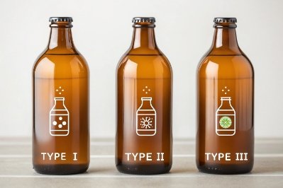 Three amber glass bottles labeled Type I, Type II, Type III for pharma packaging