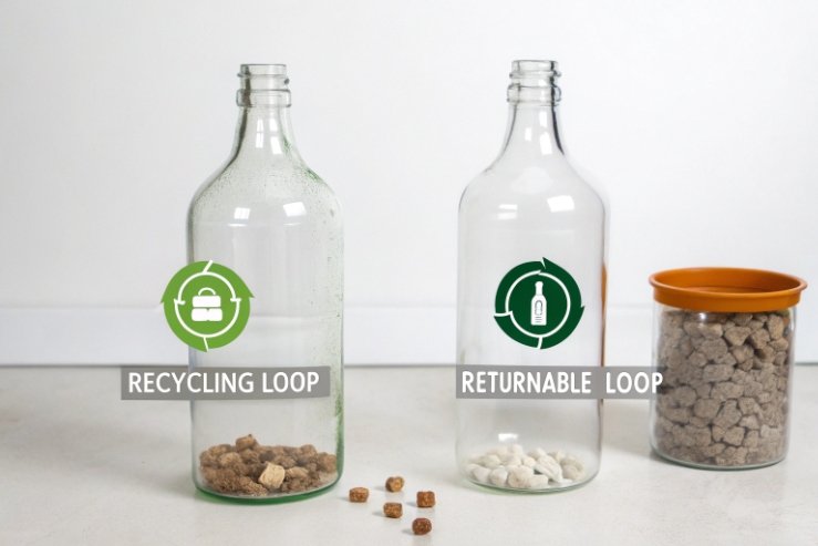 Recycling loop vs returnable loop glass bottles with cullet materials.
