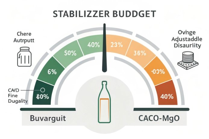 Stabilizer budget gauge infographic for glass formulation, highlighting CaCO-MgO additives and ratios.