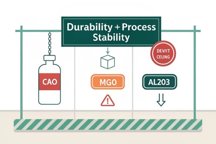 Durability and process stability infographic comparing CaO, MgO, and Al2O3 effects.