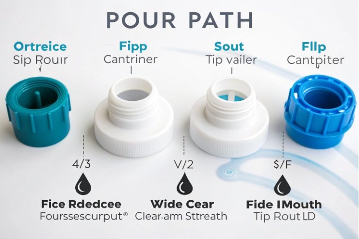 Pour spout closure parts displayed, showing cap, fitment, tip valve, and wide mouth options.