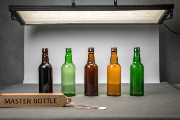 Colored glass beer bottles under light box labeled master bottle reference sample
