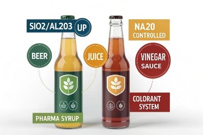 Two beverage bottles infographic linking SiO2 Al2O3 and Na2O control to product applications