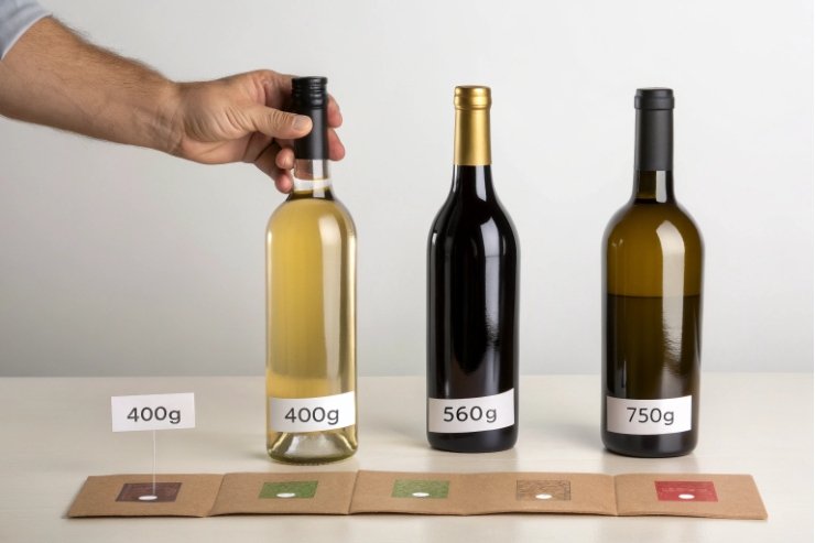 Wine bottle weight comparison showing 400g 560g and 750g glass bottles