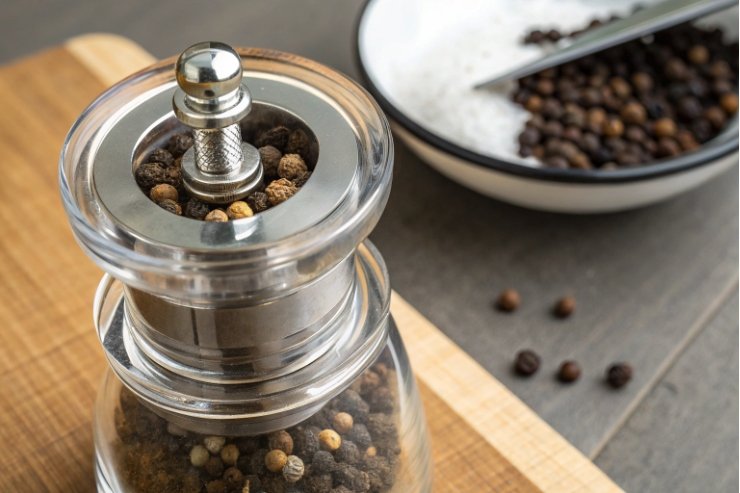 Clear glass pepper grinder filled with mixed peppercorns on cutting board