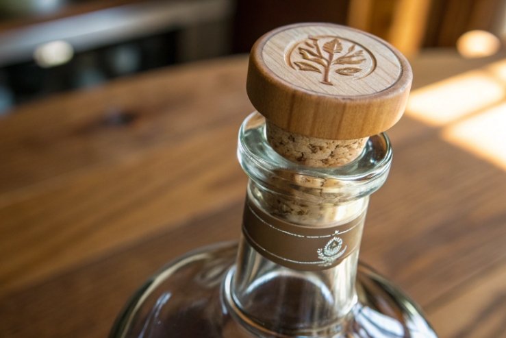 Close up of glass bottle neck with engraved wooden cork closure