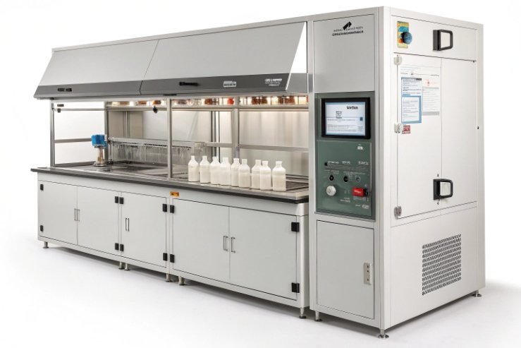 Automated bottle testing cabinet with small containers inside for quality inspection