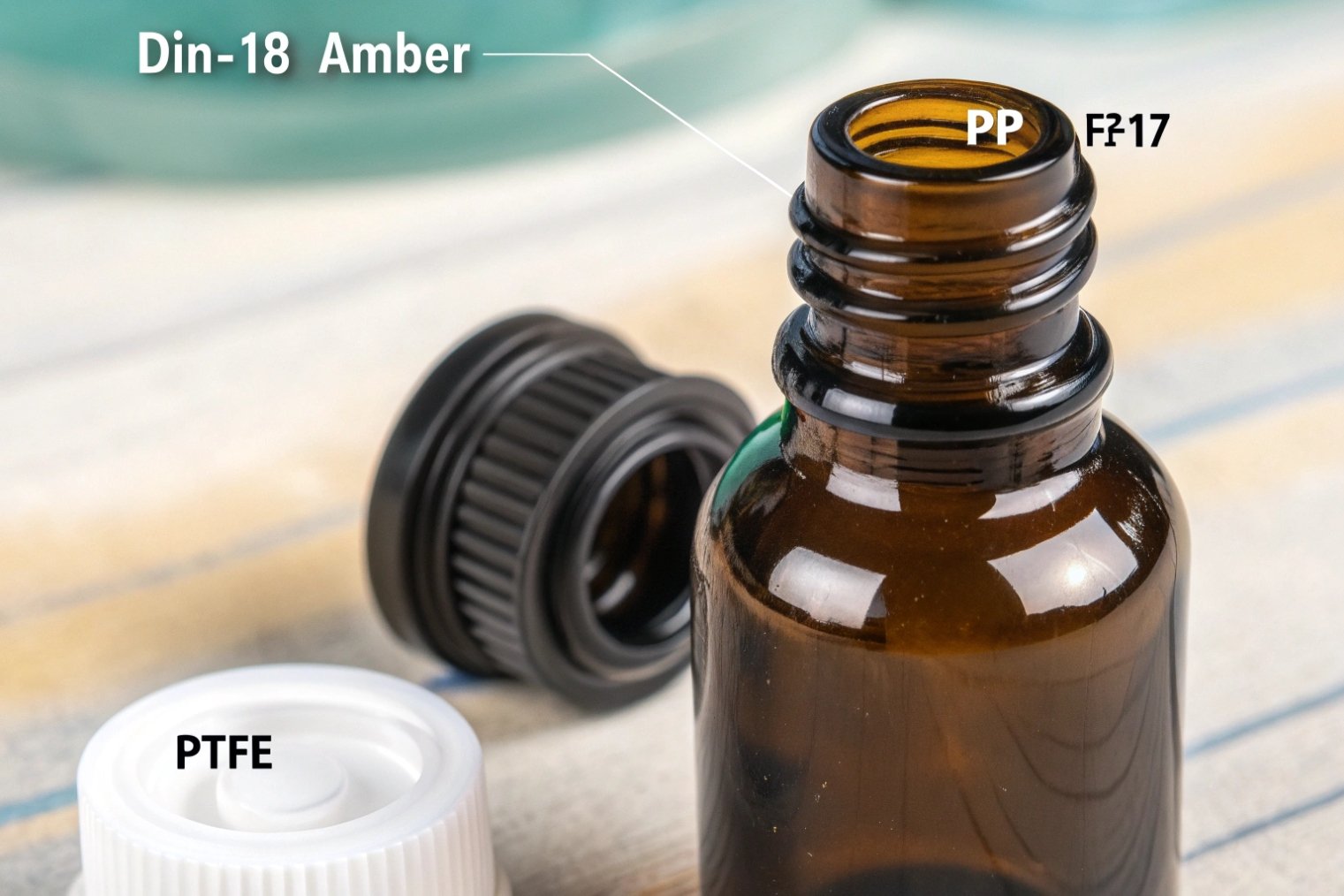 close-up of an amber bottle neck labeled DIN-18, PP, PTFE with matching caps lying beside it