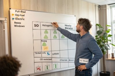 Engineer presenting glass melting options board for halogens heavy metals and refining