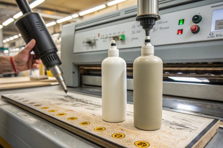 Coating process for cosmetic bottles using heat gun and inline equipment on workbench