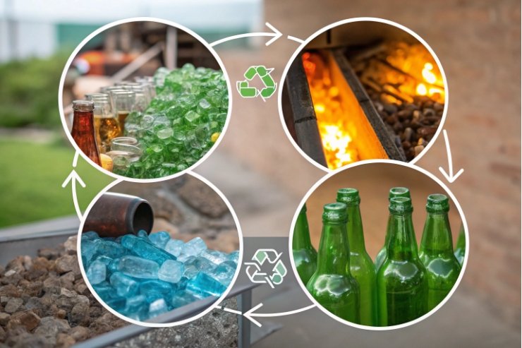 Glass recycling cycle diagram showing cullet, furnace melting, and new bottles production.
