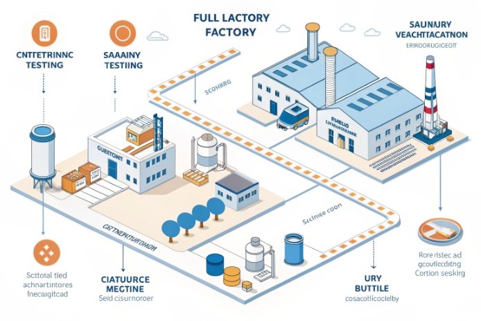 Isometric factory infographic showing glass bottle production, testing, and packaging workflow