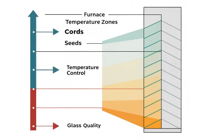 Temperature zone diagram of furnace showing impact on glass quality