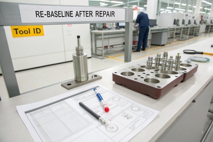 Re-baseline after repair station with tool ID, mold parts, and inspection documents