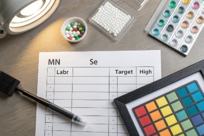 Color calibration chart and lab worksheet for quality control and material analysis